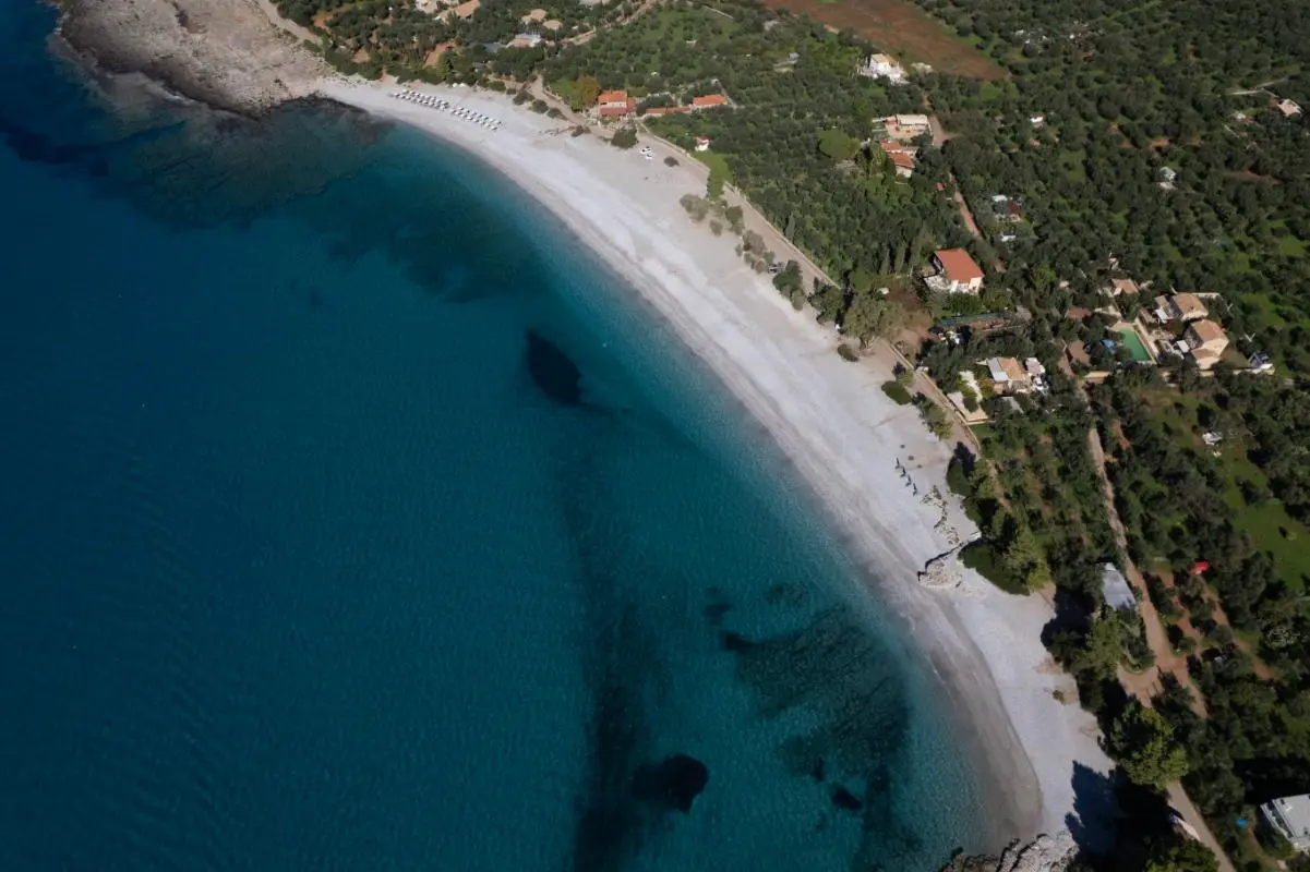 Pebble beach on the Kardamyli coast from above