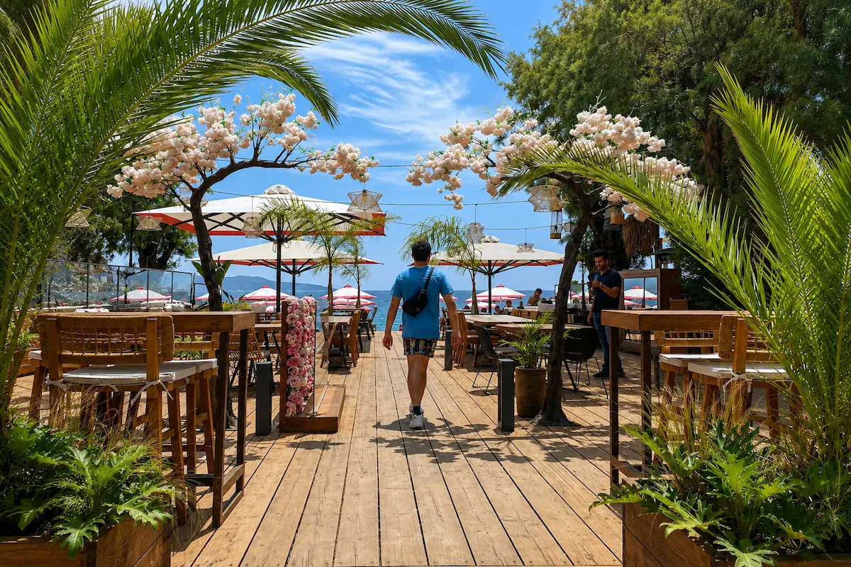Kardamyli seaside cafe and beachfront relaxation in Mani Greece