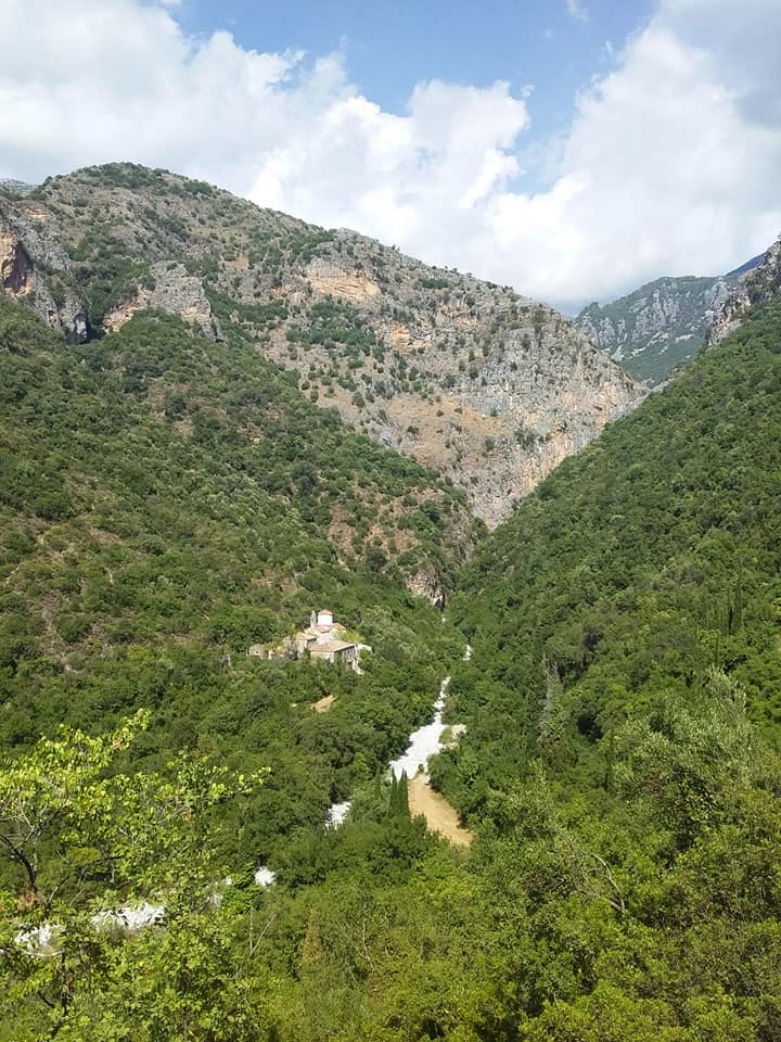 The Viros Gorge near Kardamyli, with a small chapel nestled among the forested slopes